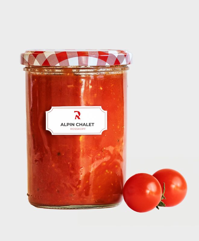 Glas hausgemachte Tomatensauce Alpin Chalet Rosskopf mit frischen Tomaten